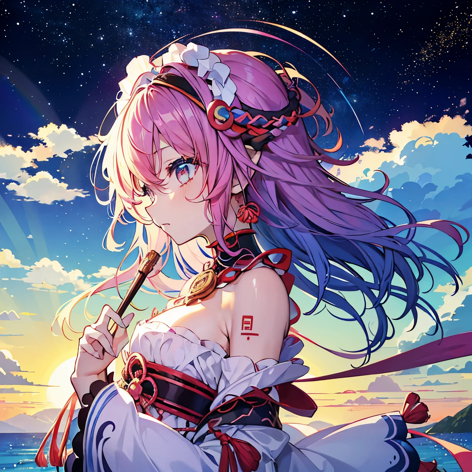 (masterpiece、highest quality、highest quality、Afroセントリックなパーティング(Afro)、Official Art、Beautiful and aesthetic:1.2)、(One Girl:1.3)、(Fractal Art:1.3)、Upper body、From the side、Looking at the audience、pattern、(Rainbow Hair、Colorful Hair、african ink、cloud、Starry Sky、performer、bright colored splashes、Rough Kanji、