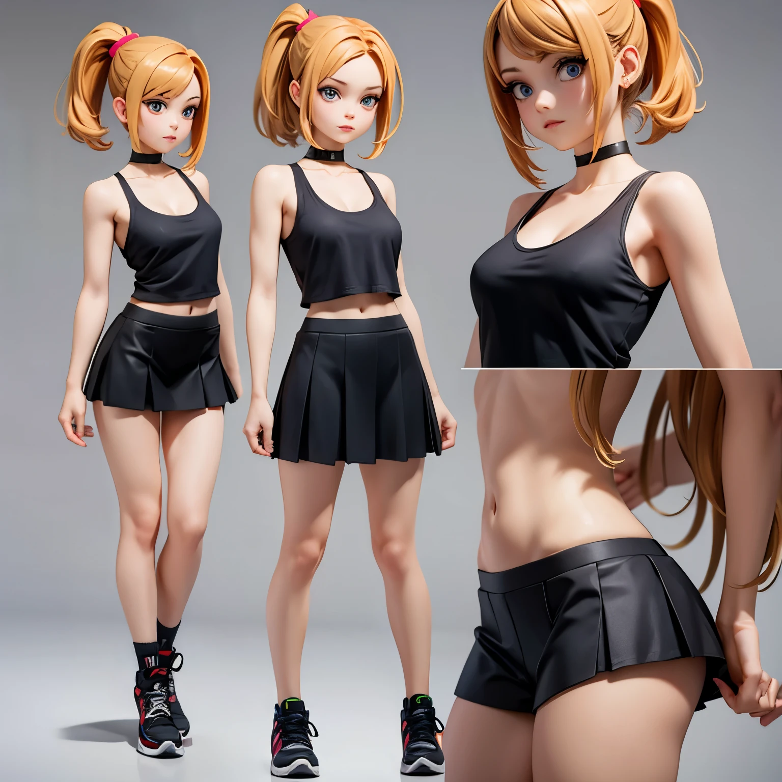 short haired girl with ponytail wearing tank top and short skirt, walking, game art, full body view, side view, unreal engine, chibi proportions, blank background, bright cool colors. No outlines