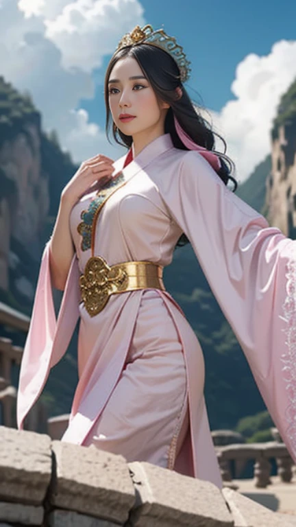 masterpiece，high quality，最high quality，Official Art，Beauty and aesthetics，amazing，Very detailed，Surreal，girl,(ドラゴンの上に座っているgirl)，Pink Hanfu，Golden Dragon，Dynamic pose，Looking at the audience，In the cloud，surrounded by clouds of white，Xiangyun，Attractive colors，Theatre Lighting，Rim Light，（Depth of field：1.2）