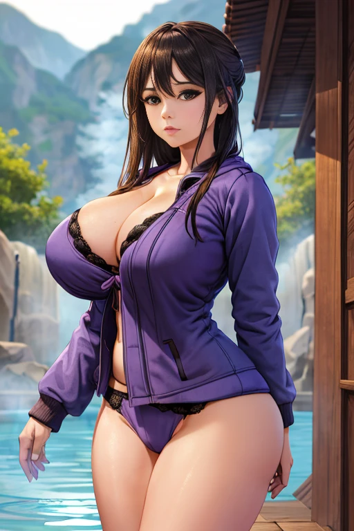 beautiful and perfect face, expressive eyes, eyes, detailed body, detailed legs, high quality, high resolution, high quality, mature woman, single focus, hands on waist, front viewer( huge breasts, saggy breasts), (wide hips, thick thighs), huge ass,(v underwear:1.2), open jacket, jacket, purple jacket, long sleeves, open jacket,(pubic hair :1.3),(in thermal bath)