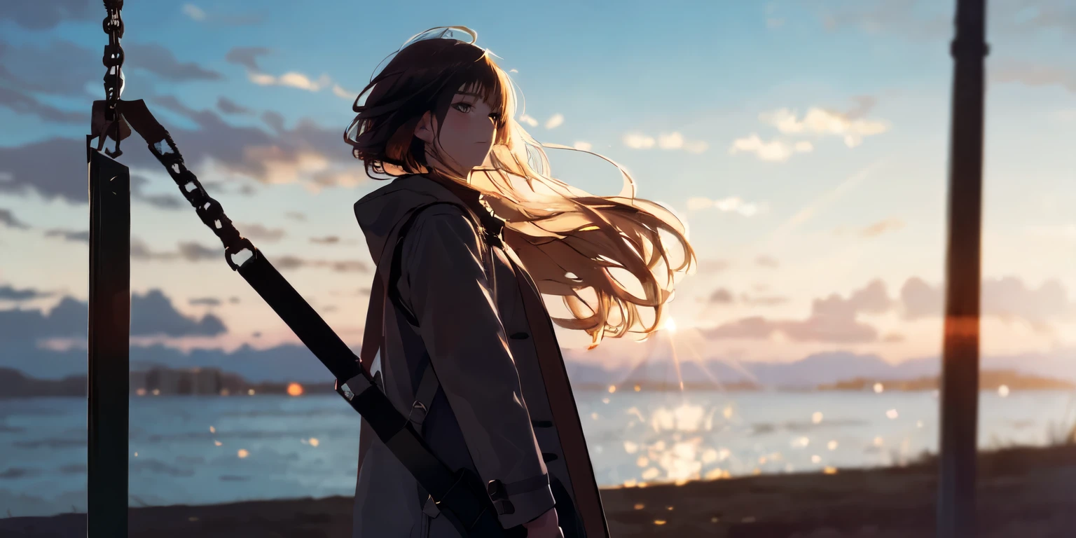 -Blues,One girl,alone,null,Outdoor,bag,Brown Hair,coat,Long Hair,Blurred,cloud,Depth of written boundary,blue null,Wind,scenery,Lens flare,Bokeh,From the side,bangs,Playing on the swings
