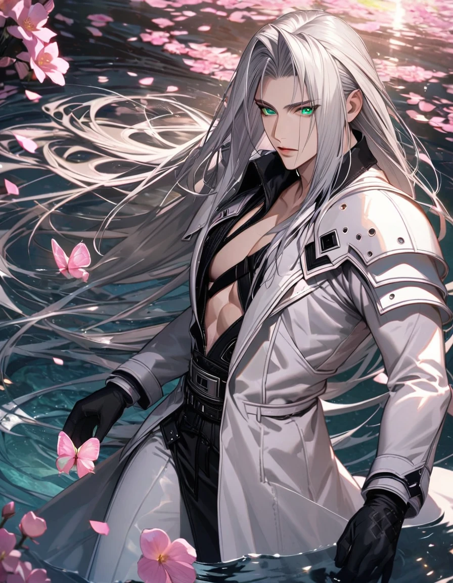 Ultra detailed, Highres, absurdres, Sephiroth, silver long hair, green eyes, Final Fantasy VII Remake, white long coat with patterns, pink flowers, petals, extremely handsome, sexy man, solo, very detailed eyes and face, black gloves, water, pink butterflies, black tight t-shirt,
