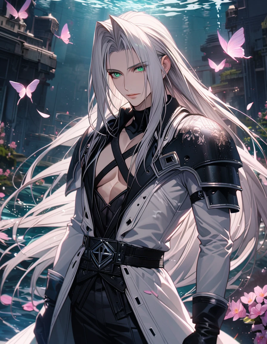 Ultra detailed, Highres, absurdres, Sephiroth, silver long hair, green eyes, Final Fantasy VII Remake, white long coat with patterns, pink flowers, petals, extremely handsome, sexy man, solo, very detailed eyes and face, black gloves, water, pink butterflies, black tight t-shirt,