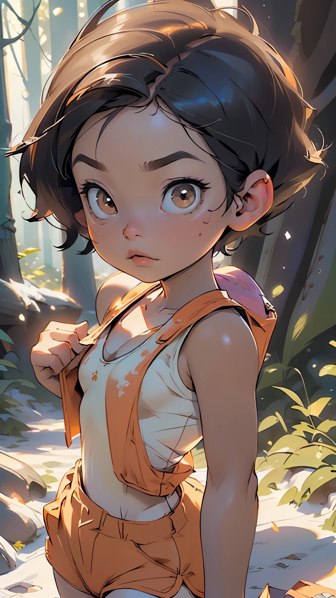(((dora the explorer))),dora,exploring,(((1 ddler:1.4))), (ba (round face), (little chest), (black hair,short hair), (beautiful brown big eyes:1.3), intricate eyes,beautiful detailed eyes,symmetrical eyes,big eyes:1.5,(apricot eyes:1.2), extremely detailed cute anime face, solo,🦄,🌈,kawaii,(((dark skin,lustrous skin:1.5,tanned skin,bright skin: 1.5,skin tanned,shiny skin,very shiny skin,shiny body))),((nsfw)),((little ,chibi))),((small tiny body)),,((((6 years old)) chest)),
(back pack,backpack),(purple tank top,sexy purple tank top,cleavage:1.5),(orange shorts, orange cheeky shorts:1.5), bracelet, ,
(dynamic pose:1.0),(angry),(centered,scale to fit dimensions,Rule of thirds),
((cute ville in the forest in the background)),winter,scenery:1.25,((intricate scenery)),((snow forest background)),
(Glossy winter ornaments),highres,sharp focus,(ultra detailed,extremely detailed),(photorealistic artwork:1.37),(extremely detailed CG unity 8k wallpaper),(((vibrant colors,vibrant theme))),(intricate),(masterpiece),(best quality),artistic photography,(photography taken by sldr),(intricate background),perfect rendered face,perfect face details,realistic face,photo realistic,((intricate detail)),(((realism))),