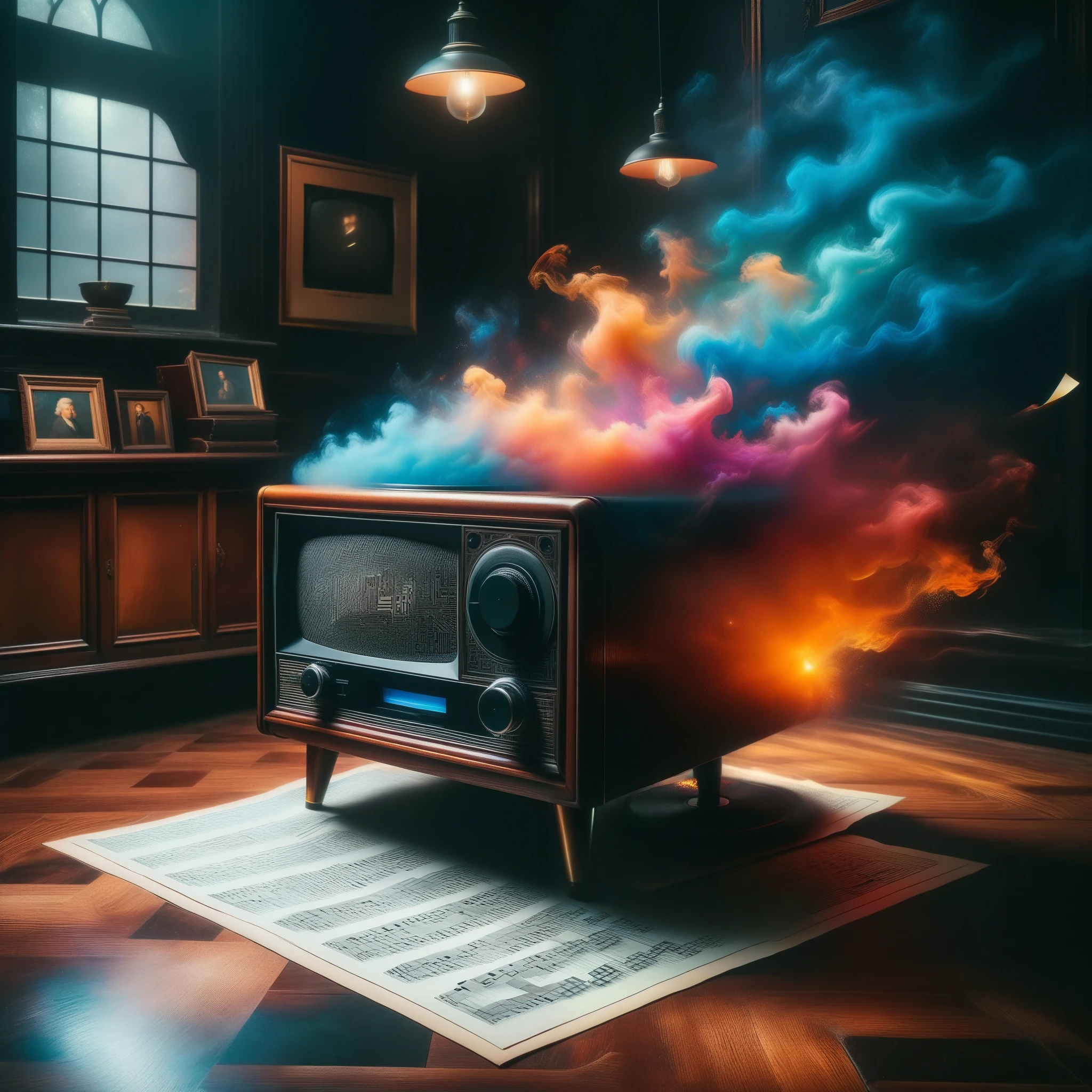 In this haunting dreamscape, the brooding atmosphere of Dark Academia Noir intertwines with the surreal, nostalgic aesthetics of Vaporwave. A dimly lit study room filled with antique furniture and distorted classical paintings transitions into a checkered floor. Old CRT televisions flicker with '90s pop culture images, casting an eerie light. The air hums with distant, slowed-down music from a warped record player. Scattered papers and ancient tomes on a mahogany desk blend arcane knowledge with glitchy visuals. The boundaries blur between the two styles, creating an unsettling yet captivating atmosphere that lingers in the mind.