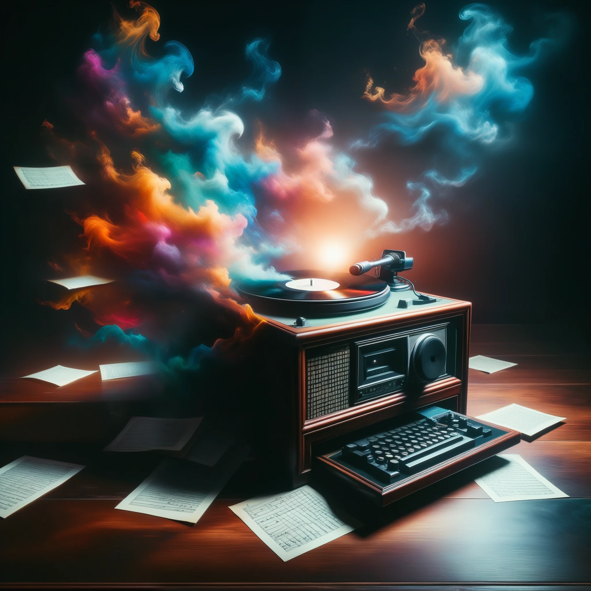 In this haunting dreamscape, the brooding atmosphere of Dark Academia Noir intertwines with the surreal, nostalgic aesthetics of Vaporwave. A dimly lit study room filled with antique furniture and distorted classical paintings transitions into a checkered floor. Old CRT televisions flicker with '90s pop culture images, casting an eerie light. The air hums with distant, slowed-down music from a warped record player. Scattered papers and ancient tomes on a mahogany desk blend arcane knowledge with glitchy visuals. The boundaries blur between the two styles, creating an unsettling yet captivating atmosphere that lingers in the mind.