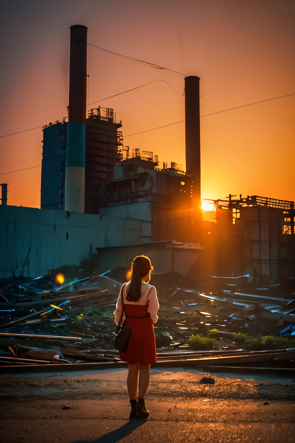 sunset, sunset, Vision, Realistic, Rich colors, Bright and colorful, Wide-angle lens, Evening shooting, Positive film, Inside the ruins of a huge factory、A beautiful Russian-Japanese woman