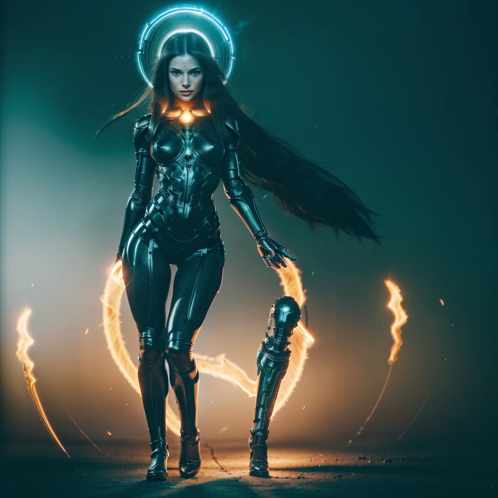 In the darkness, a woman's figure is illuminated by a circular light that frames her head, 18 year old angelic female, complete body, Caucasian skin, short,  body, biomechanical body, bio mechanical arm's, curved lips, long fire hair, bio mechanical legs, battle Valhalla background,  ultra detailed lighting, larg anglic wings,  ultrarealistic, 8k, neon sapphire eyes, 