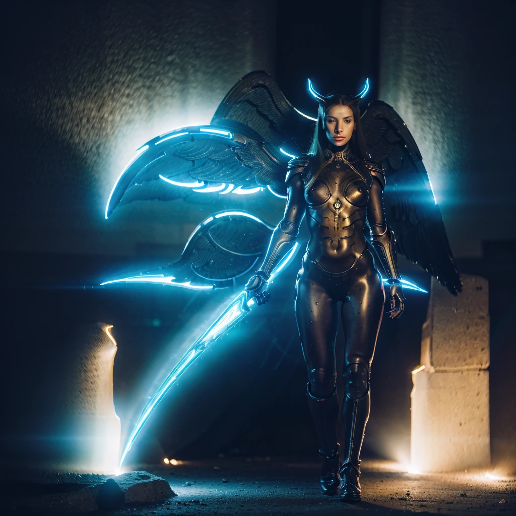 In the darkness, a woman's figure is illuminated by a circular light that frames her head, 18 year old angelic female, complete body, Caucasian skin, short, body, biomechanical body, bio mechanical arm's, curved lips, long fire hair, bio mechanical legs, battle Valhalla background, ultra detailed lighting, larg anglic wings, ultrarealistic, 8k, neon sapphire eyes,