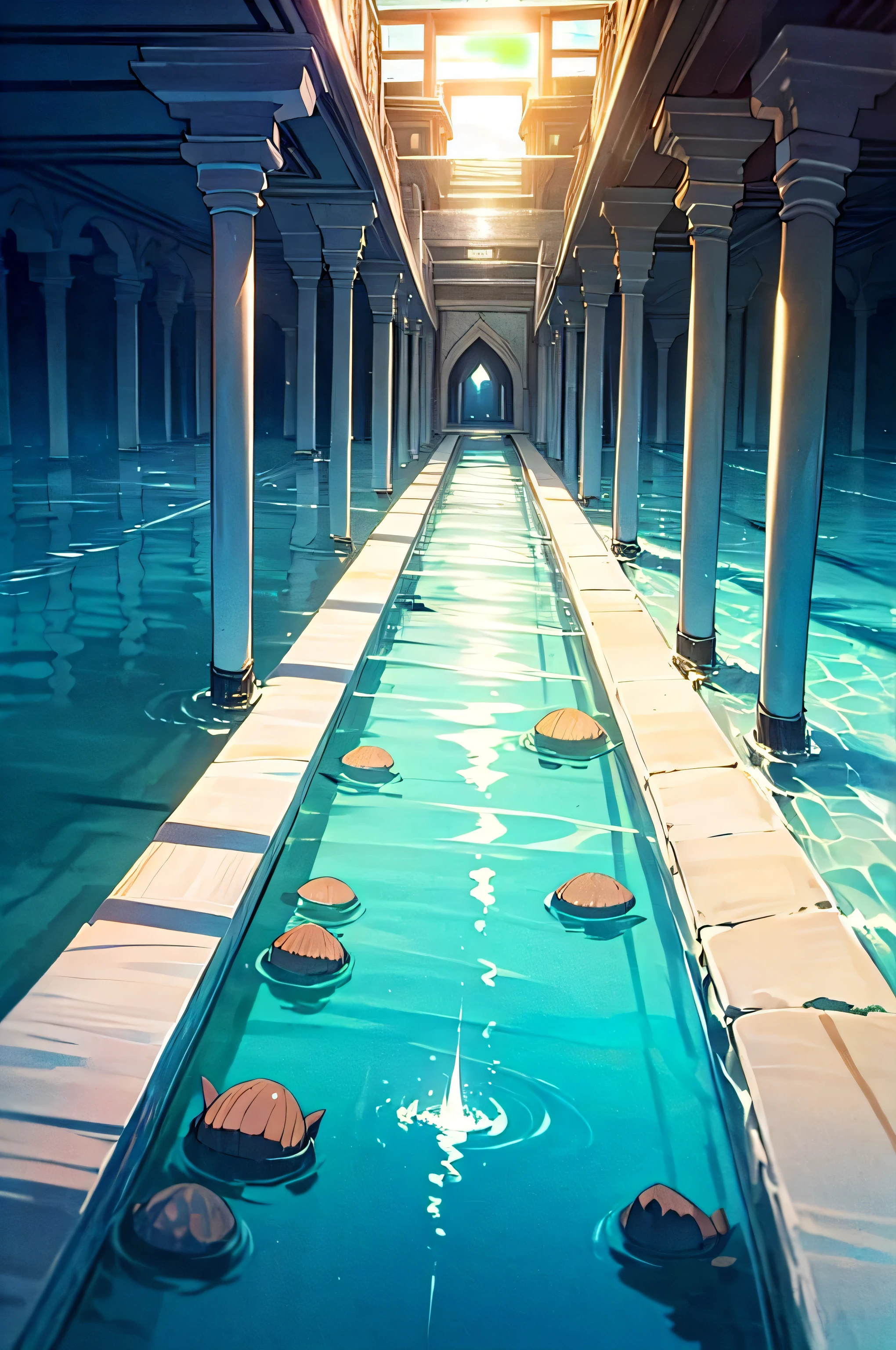 scenery,landscape,There are no people,unmanned,((Underwater Temple)),A little,A ray of light is shining,underwater photography,palace,arabic style,((In the water)),The swaying water surface spreads above,the water is not below the surface,Submerged in the sea,