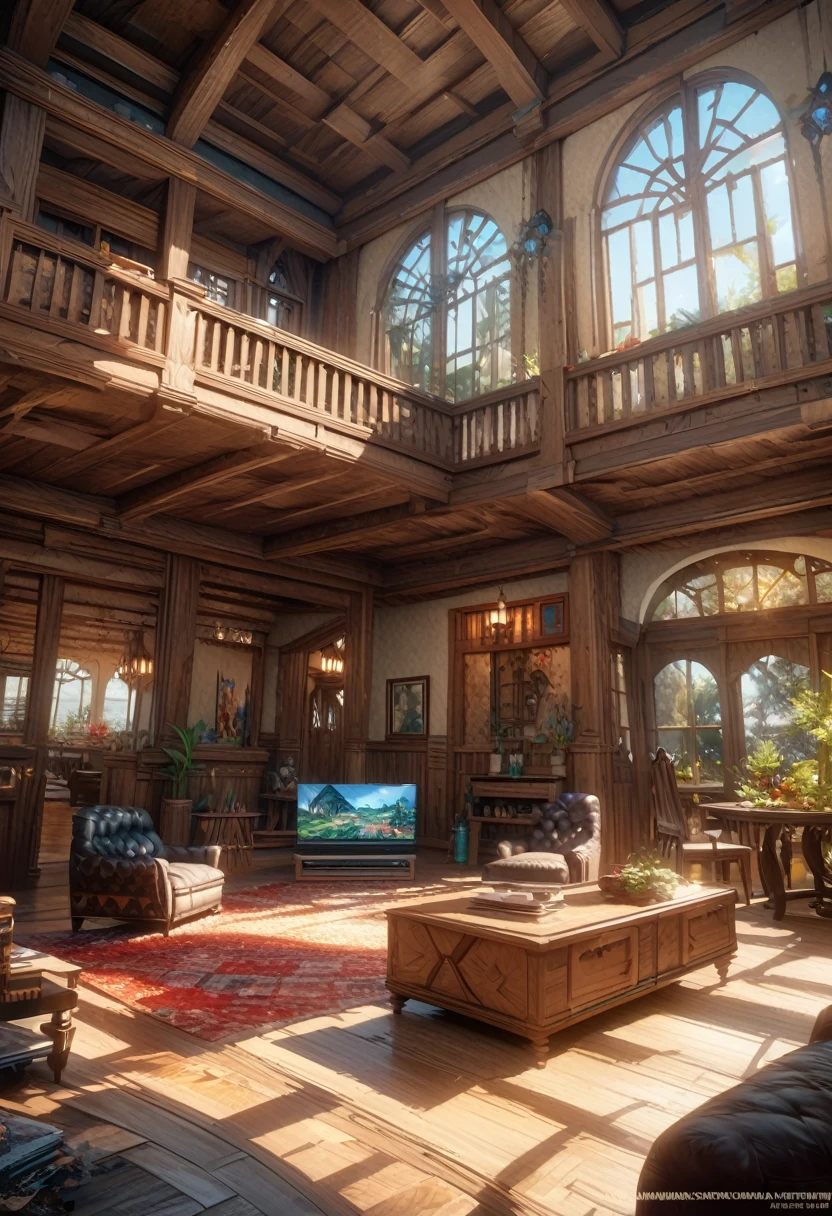 Ultra-Real 8K, Super detailed, ((no man)), (Hyper Detail, Dynamic Camera), (Wide-angle), (Vivid colors and saturation), (Trending on Artstation),anime style, living,indoor, Western style, Luxury House