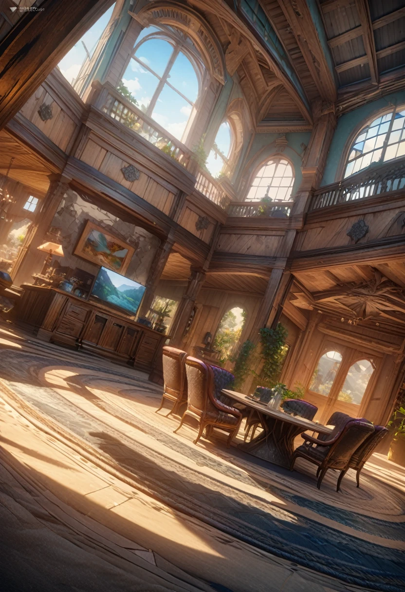 Ultra-Real 8K, Super detailed, ((no man)), (Hyper Detail, Dynamic Camera), (Wide-angle), (Vivid colors and saturation), (Trending on Artstation),anime style, living,indoor, Western style, Luxury House