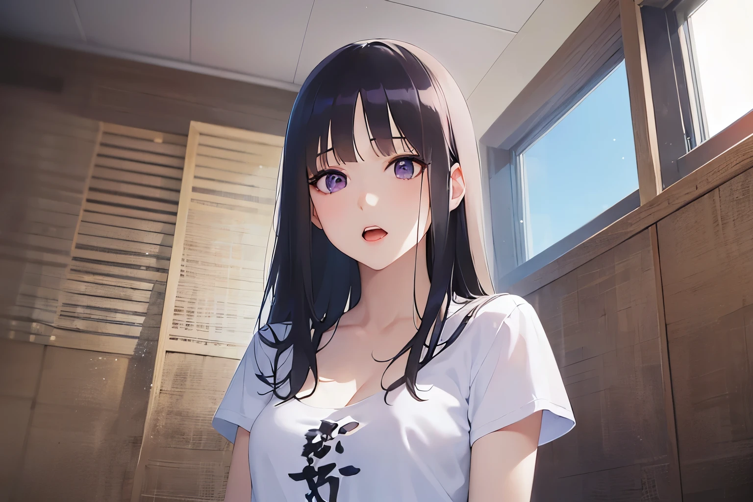 side angle, Placing hand on face、Biologically correct five fingers, smile ,open mouth、(looking away:1.5), Upper Body, Realistic, real person, (pale skin: 1.2), RAW photo, photorealistic, portrait photography, shiny skin, shiny hair、(A 25-year-old woman with straight hair and bangs) and (medium hair) and (black hair) and (purple eyes) , (white:1.5) and (T-Shirts) 、Cleavage、Alone、Are standing、The background is the living room