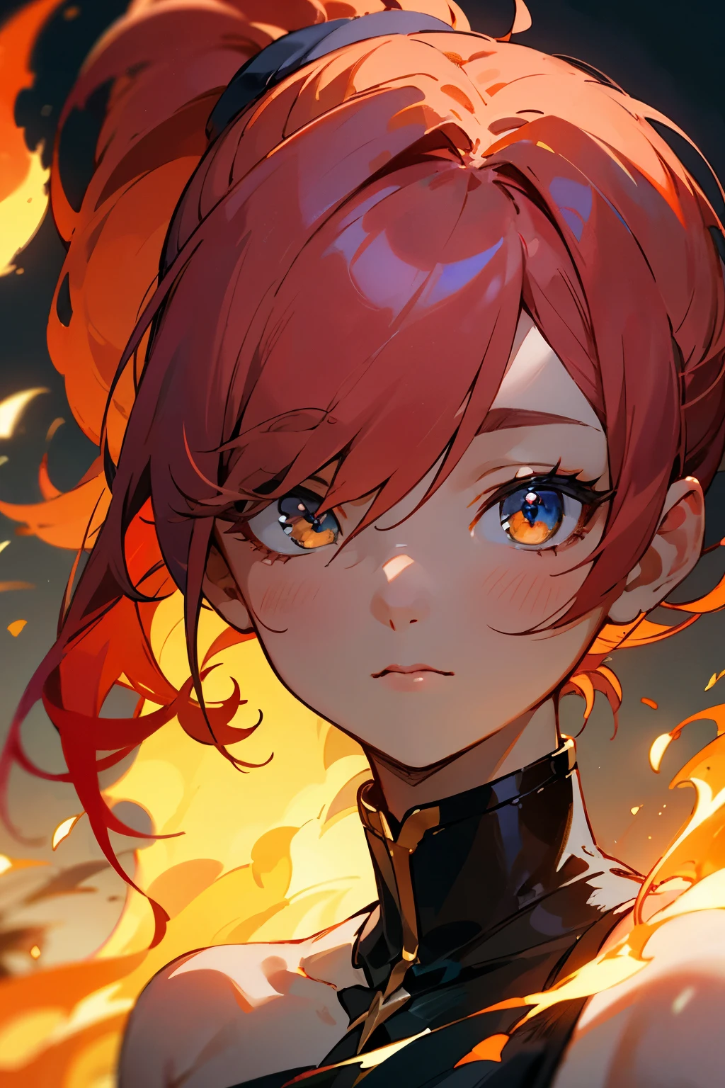 ((best quality)), ((masterpiece)), (detailed), perfect face, girl, fire hair, sapphire eyes, bloom, perfect lighting, shine, top (bare shoulders), focused look, looking away, chin up, high sleeve, high ponytail, hair over eyes, fire in eyes,