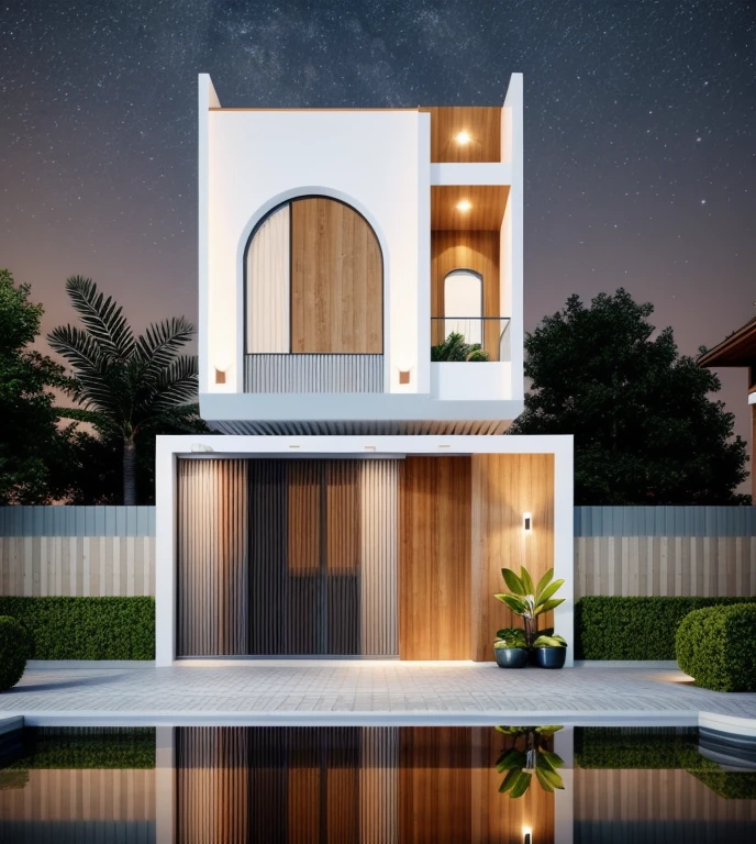 Realistic, hyper detail, 1 morden house, 1 road infront of the house, night light, light from indoor:1.3, few red flower, main maerial about white wall and wooden cladding