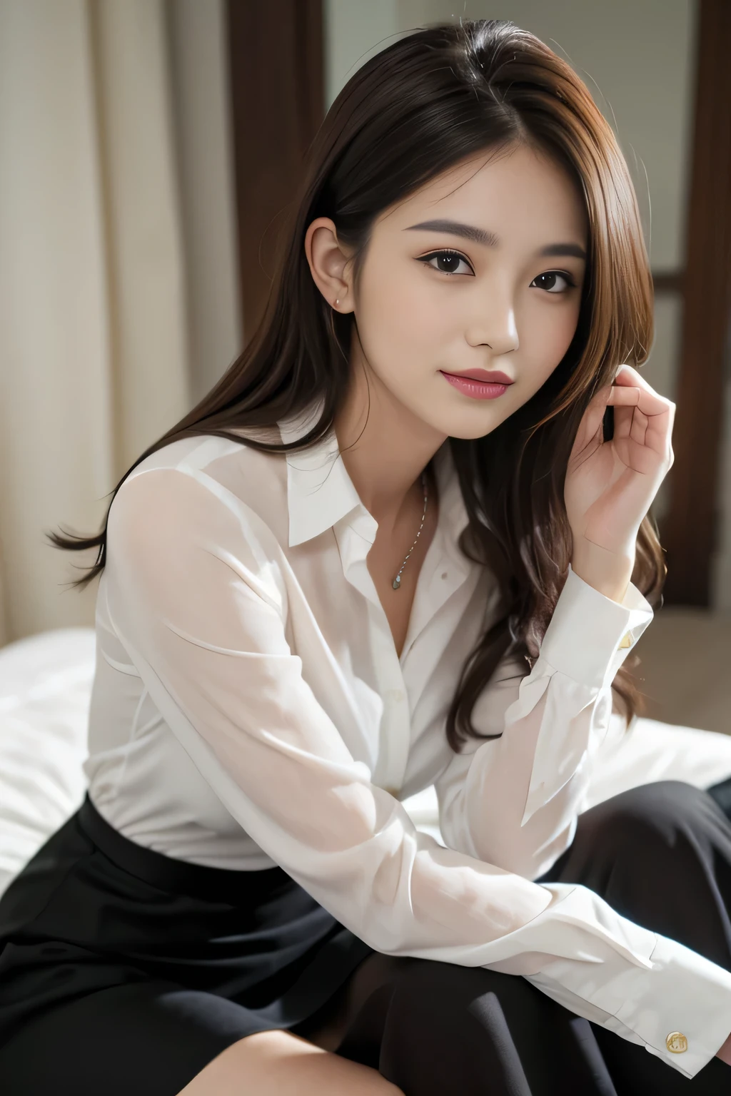 woman、A woman in a skirt and shirt is posing on the bed, Wear ultra-realistic stockings、thighhighs and skirt, Wearing (Sukesuke shirt:1.3),Obscene poses、Full body! Pretty Face, Full body!!, Inviting smile、goddess of Japan, Raw photo, (8K、top-quality、masterpiece:1.2)、(intricate detailes:1.4)、(Photorealsitic:1.4)、octane renderings、Complex 3D rendering ultra detail, Studio Soft Light, Rim Lights, vibrant detail, super detailing, realistic skin textures, Detail Face, Beautiful detail eyes, Very detailed CG Unity 16k wallpaper, make - up, (detailedbackground:1.2), shinny skin、Exposed thighs!!!、