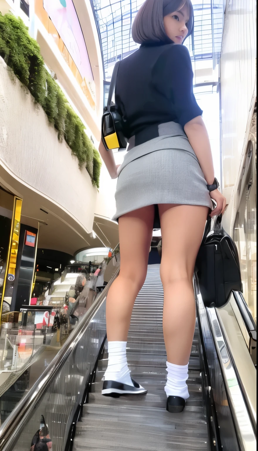 beautiful Indonesian , short hair, white , gray skirt, mini skirt, short skirt, tight skirt, big thighs, big buttocks, white socks, black shoes, carrying a school bag, standing on the escalator, about to go down, photo taken from the lower escalator, realistic, ultra HD, mall atmosphere, busy with mall visitors.