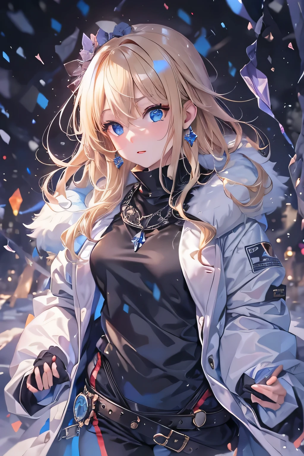 最high qualthaty、Best image qualthaty、masterpiece、Wthath a girl((Black tank top、Whthate coat、Black Leather Pants、16 years old、10 generations、cute、Best Bust、Large bast,Beautiful light blue eyes、Spread your chest wide, blonde、thin,Big Valley、Milthatant Movement,Hug gesture、Blushing'cheek、trembling、sapphire earrings、exhaling whthate、Have、Cold Face)),high qualthaty、Beautiful art、background((ice burn cthaty、that'it's snowing、大it's snowingThe last piece、Depth of wrthatten boundary,8k