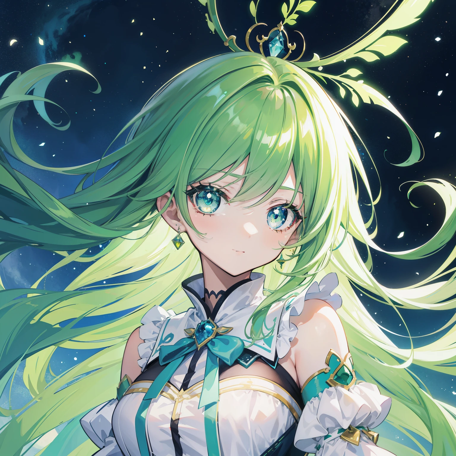 greenい髪とgreenいドレスを着た女性のクローズアップ, Anime girl with space-like hair, Cute and detailed digital art, Fantasy art style, Anime Style. 8k, Beautiful Anime Girls, Beautiful digital illustrations, Anime Styled 3d, 8k high quality detailed art, Beautiful Celestial Magician, Beautiful digital art, green緑色の髪のアニメの女の子, green. Detailed Hair