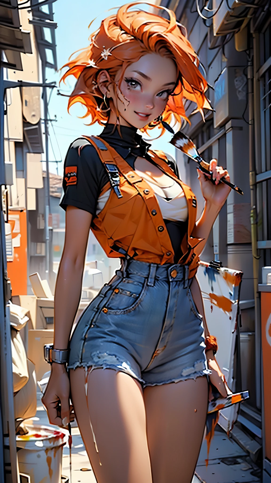 (((Only 1 woman))), ((frontal shot, cowboy shot)), masterpiece, 8k, high quality, ultra detailed, anime style, CG Unity, beautiful anime woman, ((26 years old, construction worker)), (((tanned skin: 1.3))), wearing sexy (((denim_overall))), (((cleavage: 1.1))), (((orange_short_hair))), brown eyes, ((perfect body)), (((breasts:1.1, waist:1.0, hips:1.1, toned legs:1))), looking directly to camera, sexy gaze, sexy smile, ((lucious lips)), (((holding a paint brush))), it is a (((day scene))) in the city.