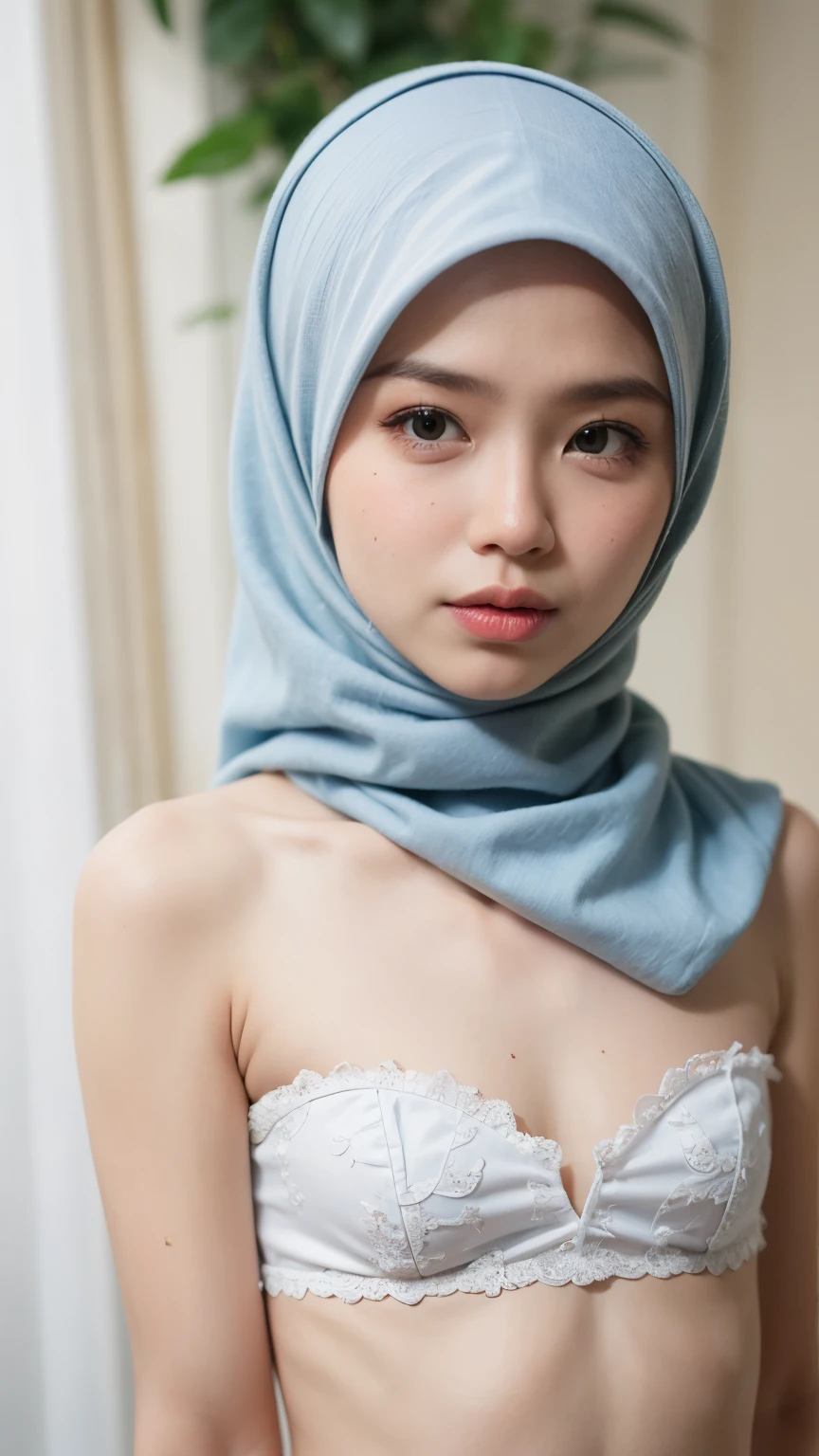((Floral pattern)), ((Flat Chest)), , Angry pose, Angry face, (((HIJAB MALAY GIRL))), masutepiece, High quality, UHD 45K, Realistic face, Realistic skin feeling , A Malaysia Lady, 8 yeaery cute and baby-like face, (((FLAT CHEST))), (MATRIX WORLD), ((look In front at the camera and SADNESS)), ((())), (((CUTE GIRL))), ((WHITE PASTEL LIPS)), ((WEARING STRAPLESS PASTEL)), ((CHUBBY)), ((UNDRESS)). Brown, Flat Chest,