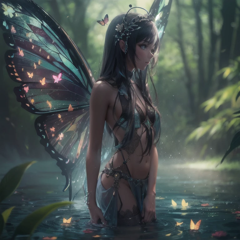 1girll, Nature, forest, Wings, Butterfly, Bugs, tree, Solo, Long hair, topless, nude, Light particles, Fairy, Outdoors, scenery, Glowing, water, fantasy, Butterfly wings, Blurry, Barefoot, Fairy wings, Depth of field, glowworm
