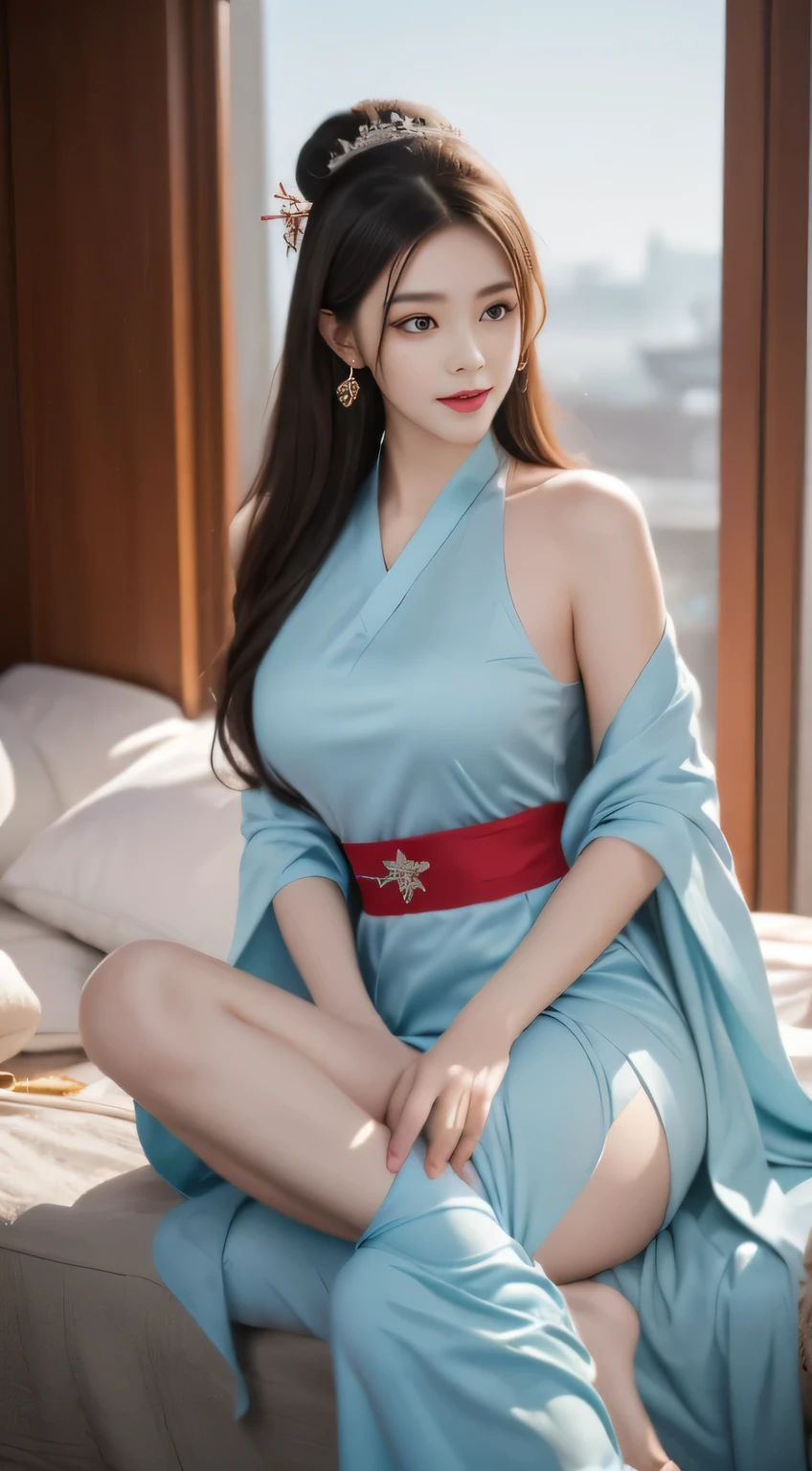 black hair, hair bobbles, wince, longeyelashes, solid circle eyes, light smile, ear blush, fang, Surrealism, drop shadow, anaglyph, stereogram, tachi-e, pov, atmospheric perspective, 8k, super detail, ccurate, best quality，A lady in a blue dress sits on the stairs, beautiful fantasy queen, full body xianxia, Flowing Magic Robe, Inspired by Lan Ying, anime goddess, palace ， Girl wearing Hanfu, Beautiful Celestial Mage, xianxia fantasy, ((beautiful fantasy queen)), Japanese Goddess, Popular on cgstation, cotton cloud mage robes