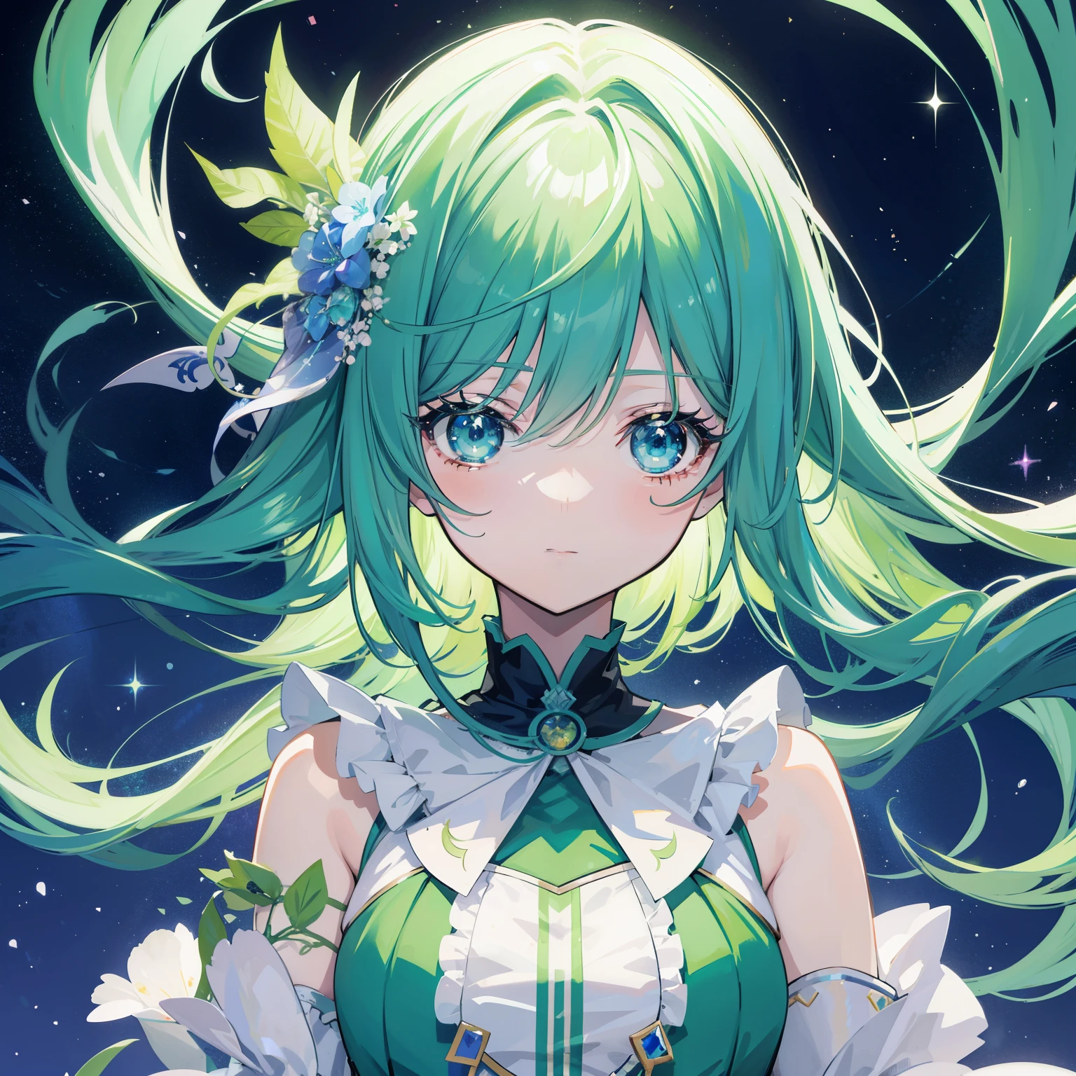 greenい髪とgreenいドレスを着た女性のクローズアップ, Anime girl with space-like hair, Cute and detailed digital art, Fantasy art style, Anime Style. 8k, Beautiful Anime Girls, Beautiful digital illustrations, Anime Styled 3d, 8k high quality detailed art, Beautiful Celestial Magician, Beautiful digital art, green緑色の髪のアニメの女の子, green. Detailed Hair