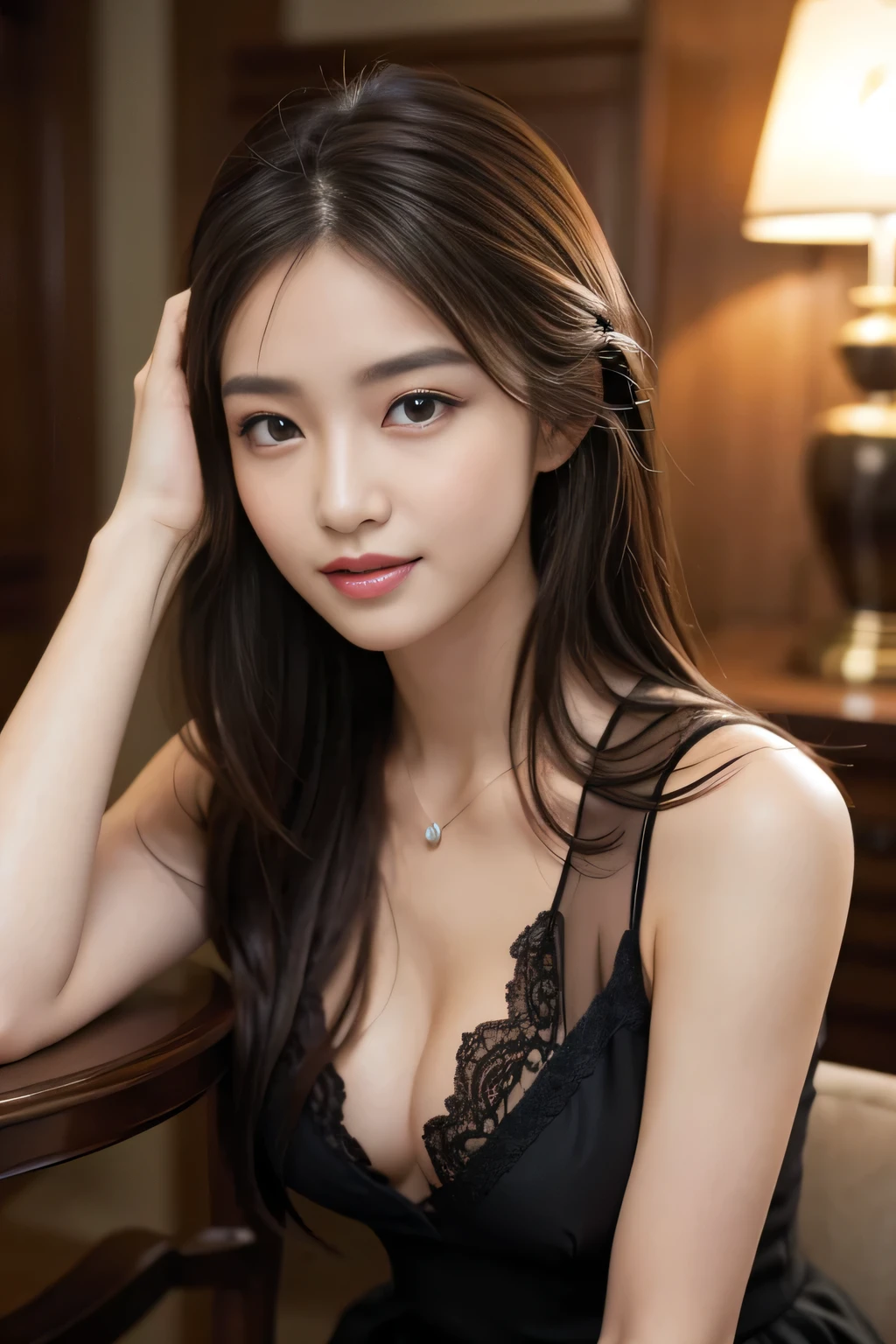 Tabletop, highest quality, Realistic, Very detailed, finely, High resolution, 8k wallpaper, One beautiful woman,, Light brown messy hair, He is wearing a black see-through dress shirt with an open collar........, Sharp focus, Perfect dynamic composition, Beautiful and detailed, Thinning hair, Detailed Realistic skin texture, smile, Close-up portrait, Model Body Type、president'secretary、mini skirt、High heels、