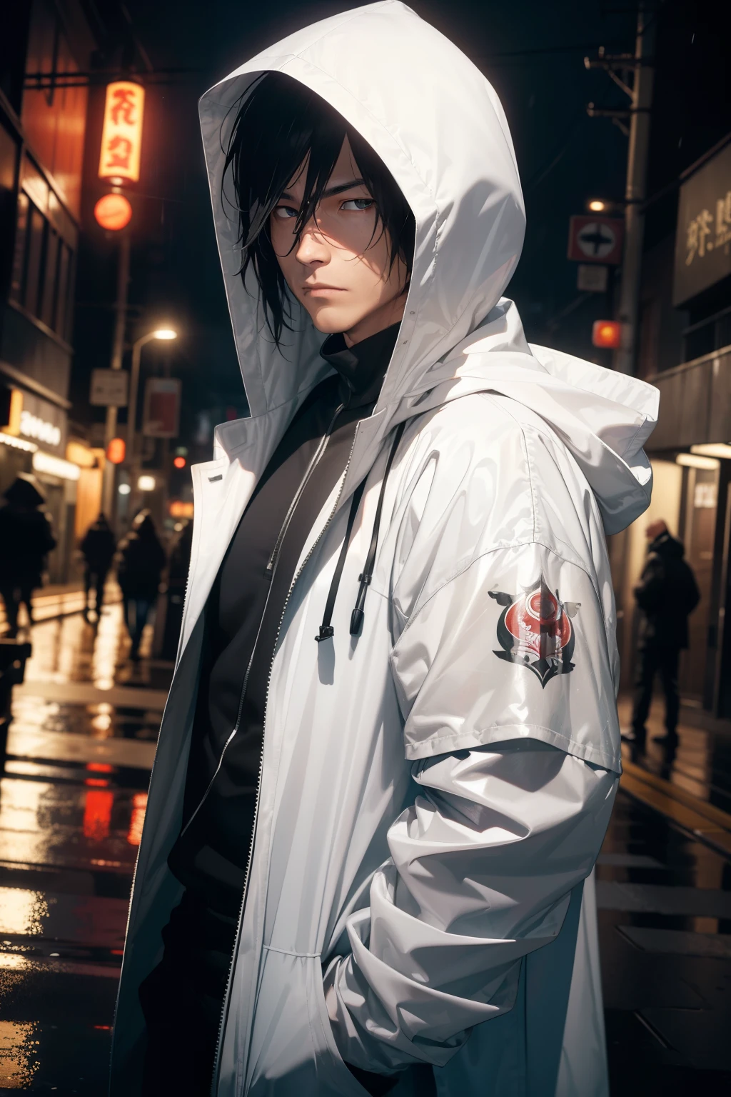 (Cinematic lens effect: 1.5), (Realistic Detail: 1.3), (Depth of field: 1.4), 8K resolution, Full HD, Super resolution, Best quality, Masterpiece,
A man clad in a Japanese Oni Mask stands firm on a wet and slick street, his eyes concealed behind the fearsome mask. He grips a Pump Action shotgun tightly, its metallic surface reflecting the dim streetlights. His white hooded jacket is drawn close, shielding him from the cold and the rain. The man's muscles ripple beneath the fabric, his readiness apparent as he assumes a combat stance, the barrel of the