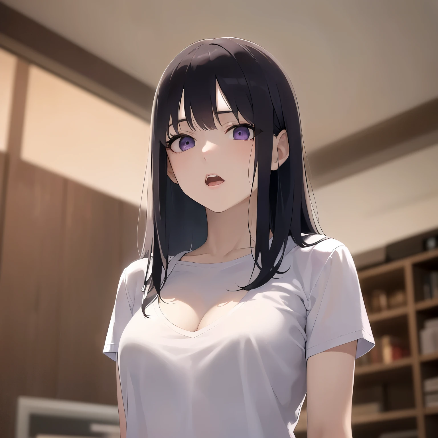 sad, open mouth、Shooting from below、 Upper Body, Realistic, real person, (pale skin: 1.2), RAW photo, photorealistic, portrait photography, shiny skin, shiny hair、(A 25-year-old woman with straight hair and bangs) and (medium hair) and (black hair) and (purple eyes) , (white:1.5) and (T-Shirts) 、Cleavage、Alone、Are standing、The background is the living room
