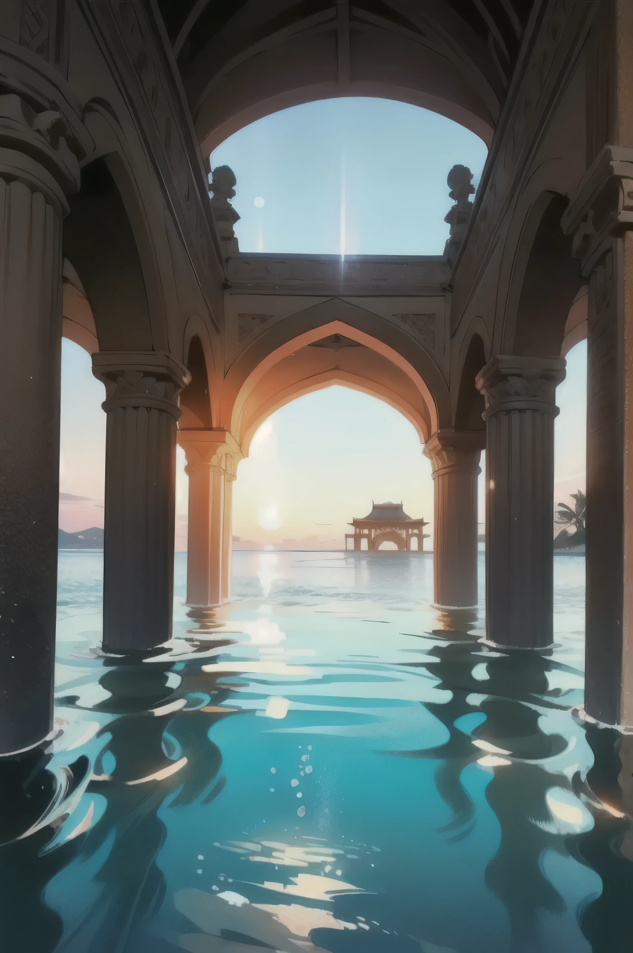 scenery,landscape,There are no people,unmanned,,A ray of light is shining,((underwater photography)),((In the water)),((The swaying water surface spreads above)),,Submerged in the sea,big field of view,dramatic,sense of opennessのあるscenery,((There are no pillars)),((No pillar)),In the bright sea,sense of openness,fantasy,You can see the top,The surface of the water can be seen above,There is water above my head,panorama,into the sea,There is an Arabian-style temple in the back.,Gorgeous Temples,Mysterious,Round roof palace,