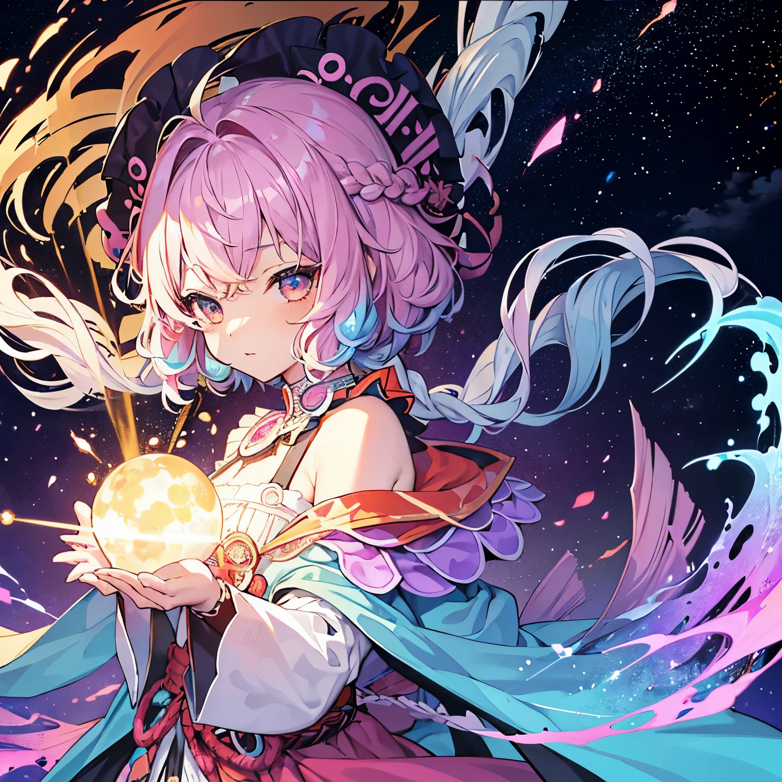 8K,coloured with lots of colour,flatchest,bit girl,magia,energy sphere,Six-star array。