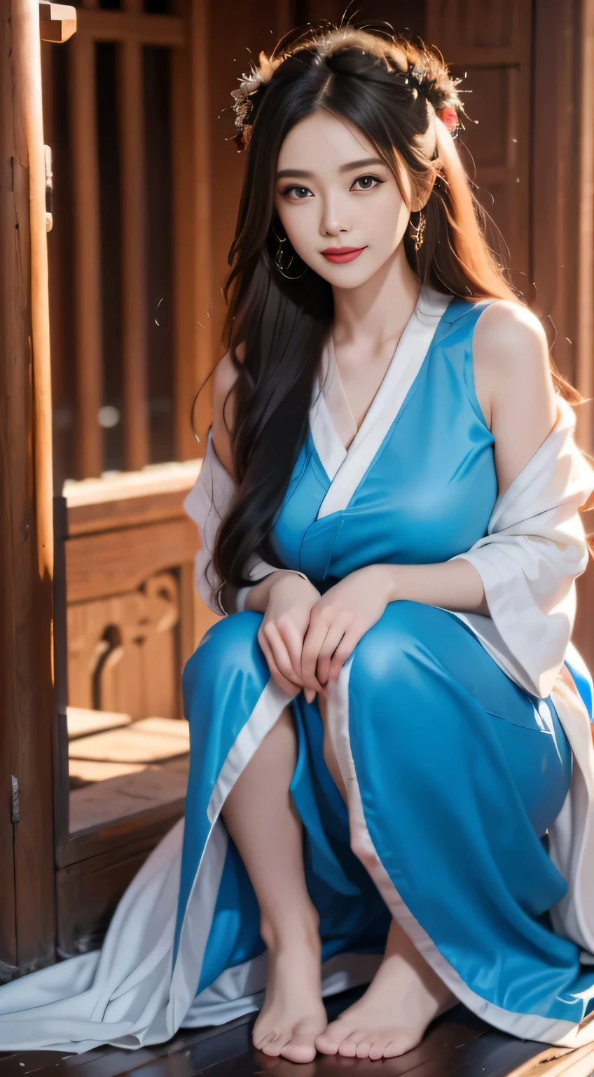 black hair, hair bobbles, wince, longeyelashes, solid circle eyes, light smile, ear blush, fang, Surrealism, drop shadow, anaglyph, stereogram, tachi-e, pov, atmospheric perspective, 8k, super detail, ccurate, best quality,A lady in a blue dress sits on the stairs, beautiful fantasy queen, full body xianxia, Flowing Magic Robe, Inspired by Lan Ying, anime goddess, palace , Girl wearing Hanfu, Beautiful Celestial Mage, xianxia fantasy, ((beautiful fantasy queen)), Japanese Goddess, Popular on cgstation, cotton cloud mage robes