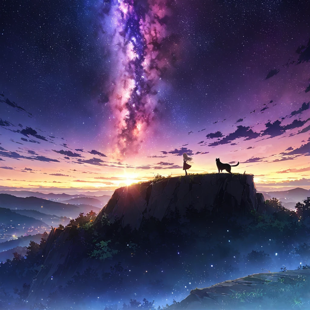 Anime drawings inspired by Makoto Shinkai, 「Sparrow&#39;s Door Lock」, A rotten wooden door standing alone on an empty hill, Pixiv Topics, Space Art, Makoto Shinkai Cyril Roland, Anime Japanese man and woman in their late teens sitting and looking at the sky, Munakata Sohta, Suzume Iwato, 二人の周りにWhite Cat少女とBlack cat少女とThree-haired cat少女が空駆けまわる様にいる, 4k anime wallpaper,Anime Art Wallpapers 8K, anime art wallpaper 16k, Anime Art Wallpapers 32K, Important, さImportant, White Cat, Black cat, Three-haired cat