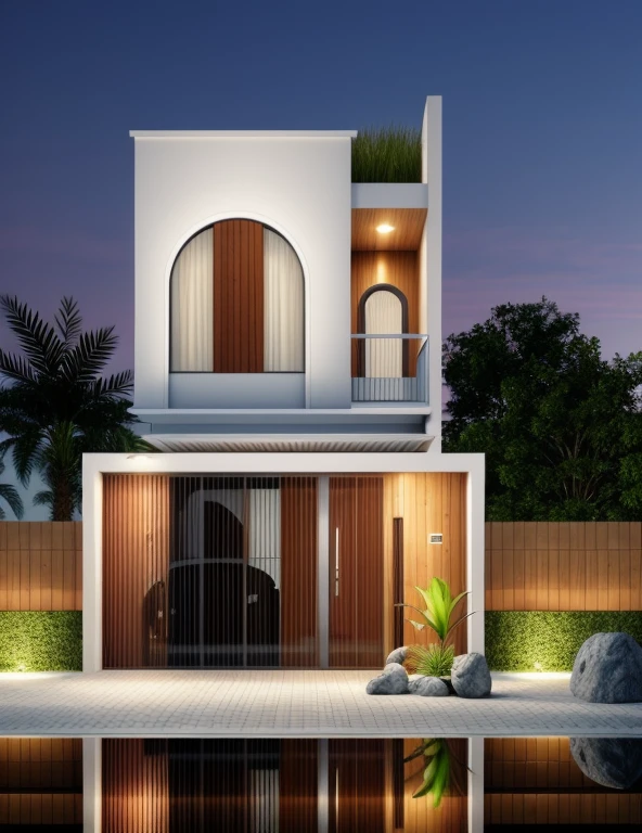 Realistic, hyper detail, 1 morden house, 1 road infront of the house, night light, light from indoor:1.3, few red flower, main maerial about white wall and wooden cladding
