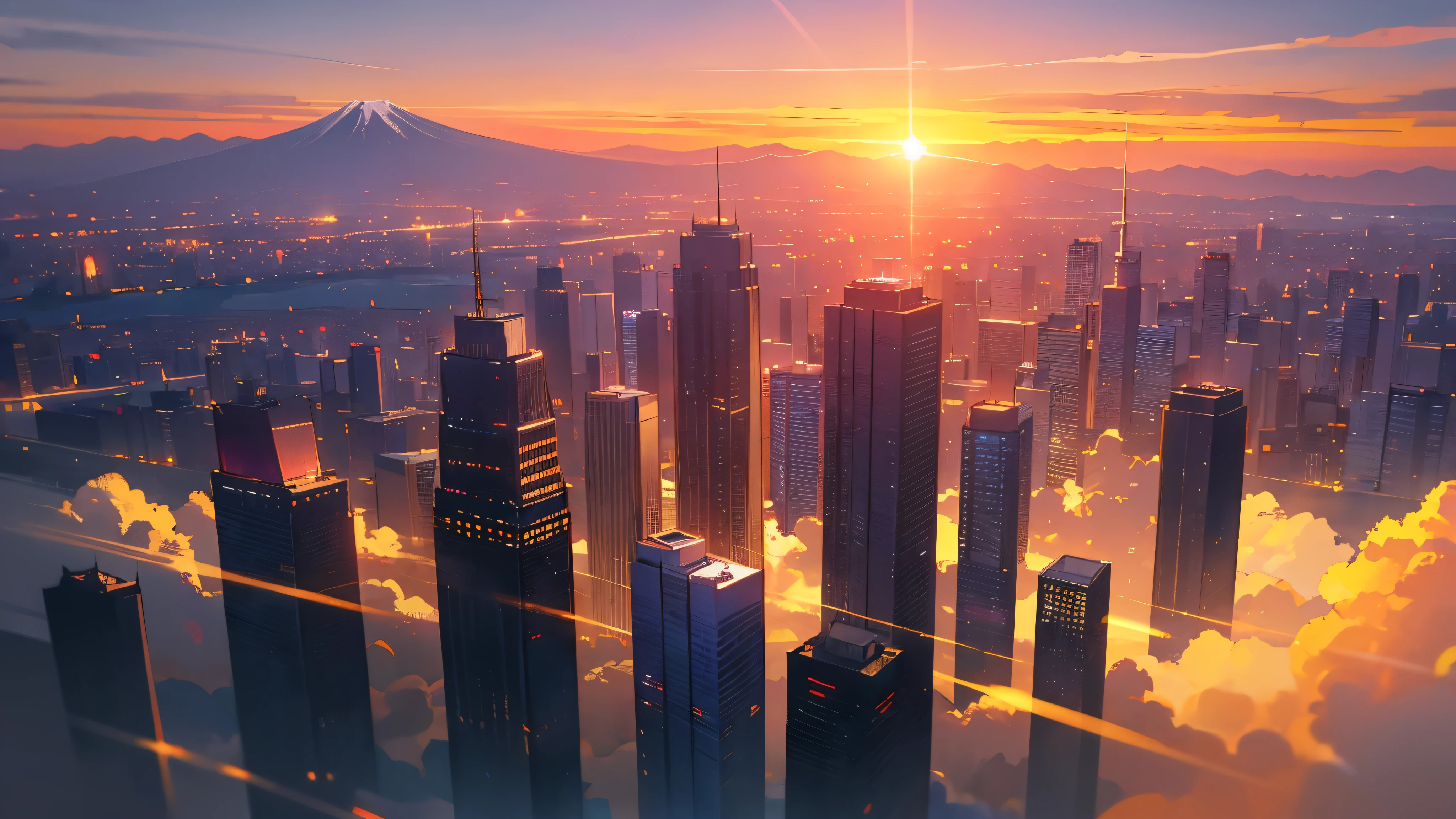Description: sunset over Tokyo skyline, beautiful detailed skyscrapers, vibrant colors, warm golden and orange tones, silhouette of Mount Fuji in the background, shimmering reflection of the sun on the river, soft clouds painted with shades of pink and purple, serene atmosphere, breathtaking view, professional photography, HDR effect, ultra-fine painting, realistic and photorealistic, bokeh lights, studio lighting, sharp focus, peaceful and awe-inspiring.