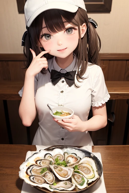 Let's eat raw oysters together, fully-dressed oyster girl