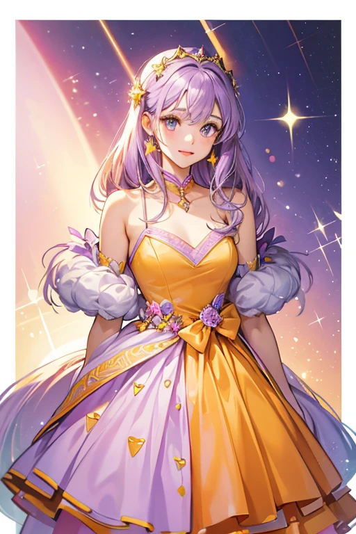 Robodina is a transparent with a light purple. she wears a tan and orange dress. SPARKLE; GLITTER