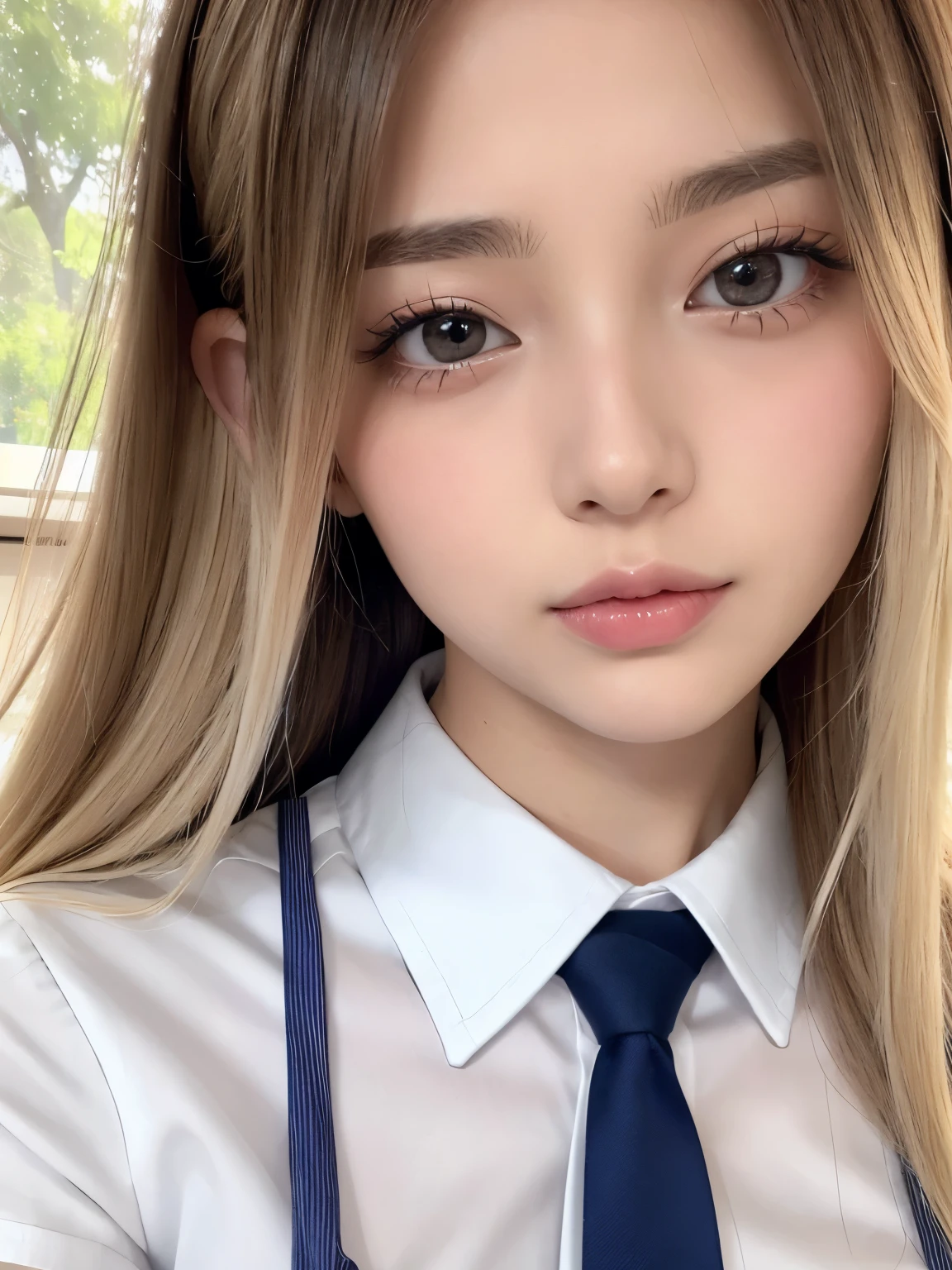 (Tabletop:1.4, Photorealistic:1.4, 8k), highest quality, masterpiece, Ultra-high resolution, Perfect dynamic composition, Big Face、Round face、((Platinum Blonde, Long Hair, Curl the inside of your hair))、Highly detailed skin and facial textures:1.3, Limb details, 1 girl, Cute sexy 22 year old woman, (Sunburn:1.2), ((Totally captivates you:0.9)), ((school uniform, White collar short sleeve shirt, Striped tie)),Medium Chest, (Distant eyes, Beautiful Eyes, Brown eyes、Beautiful erotic eyes:0.85), Sexy Face:0.4, (Mouth closed、Small Mouth、Thick lips、A taste of beautiful eroticism:0.85), ((Too cute beauty:0.9))、Gal Makeup、((Extreme close up))