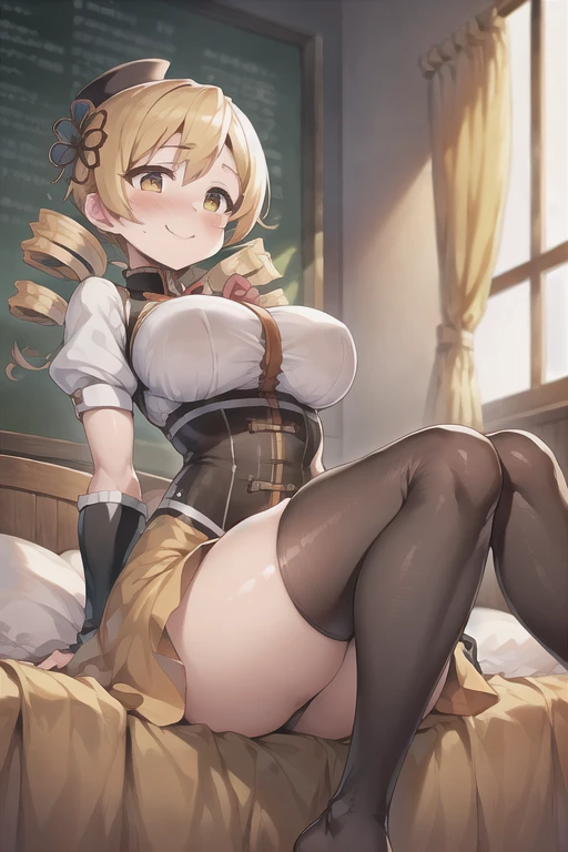 (masterpiece), (highest quality), (figure), (Very detailed), (High resolution), (8k), (Perfect Anatomy), (Anatomically correct), One Girl, Very large breasts, Big Breasts, Twin tails, Drill Hair, (Golden Hair), Very cute girl, Short, young, , delicate, Attention to girls, she, smile, 魅力的なsmile, blush, Best moment, Junior and senior high school students, low length, Golden Eyes, Bright Eyes, Vivid eyes, cute, Thighs, Waistline, Being spoiled, Innocent, I love you, Beautiful Skin, Beautiful body, cute顔, delicate な腕, Innocent, Boyfriend's gaze, Neat, blush, whole body, Seductive, Detailed skin texture, Intricate details, Very detailedな顔, Beautiful Eyes, Big Eyes, heart, Desire to monopolize, Looking up, Mami Tomoe, Clothes with frills, Gothic ta, Inside the room,