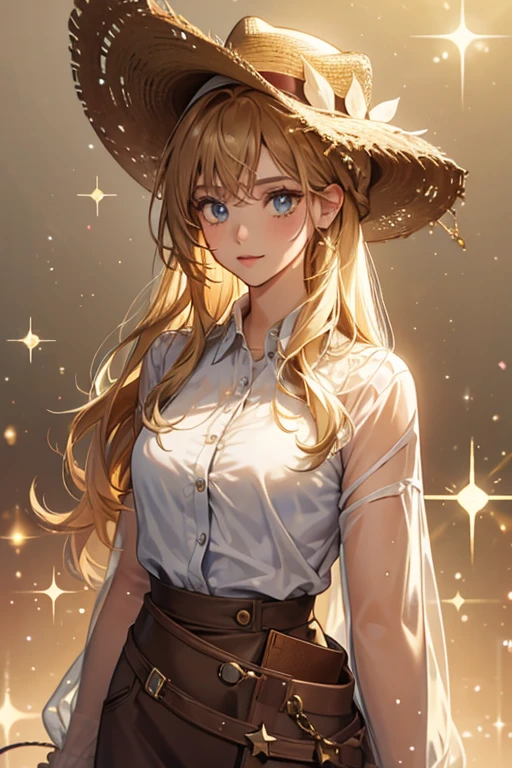 she wears a tan cowboy hat. SPARKLE; GLITTER