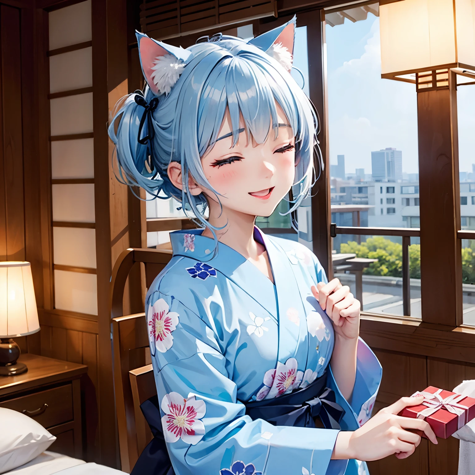 Have a gift、Background Japanese style hotel、Cat ears with a light blue ribbon、Light blue hair、light blue eyes、Closed eyes that laughed、Appearance of being happy and cheerful、Light blue floral yukata