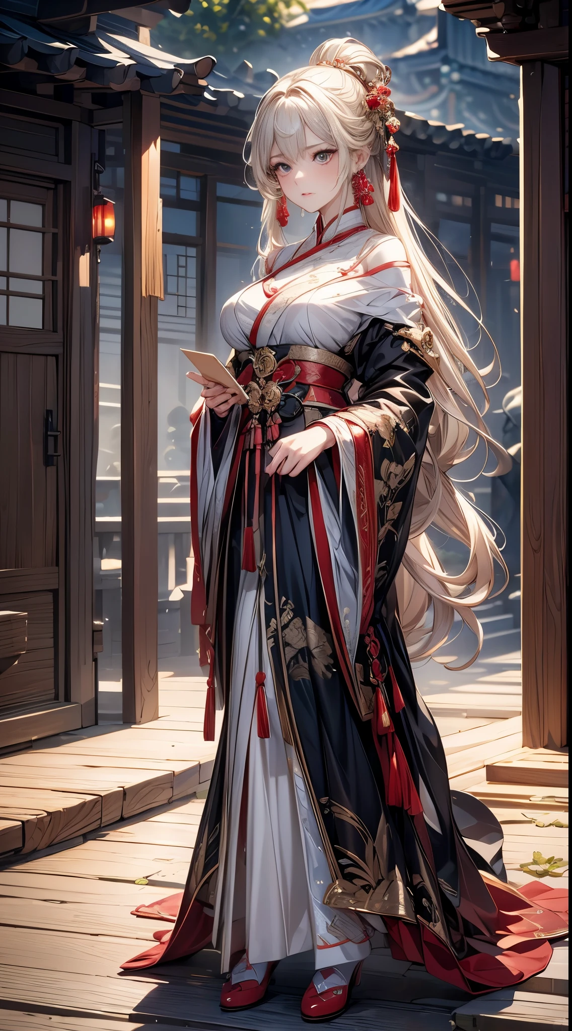 masterpiece,Extremely detailed CG unified 8k wallpaper,1 girl,Full body image， fair,big eyes， Clear facial features，Practical, Vague, Vague_background, Vague_prospect, China Pavilion, Earrings and Nipple Rings,Jewel-like, nose, Practical, Solitary,Gorgeous off-shoulder Hanfu,