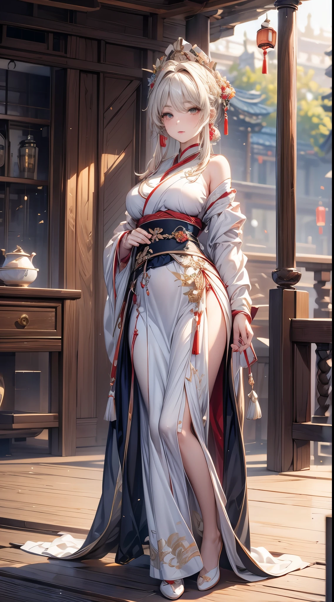 masterpiece,Extremely detailed CG unified 8k wallpaper,1 girl,Full body image, fair,big eyes, Clear facial features,Practical, Vague, Vague_background, Vague_prospect, China Pavilion, Earrings and Nipple Rings,Jewel-like, nose, Practical, Solitary,Gorgeous off-shoulder Hanfu,