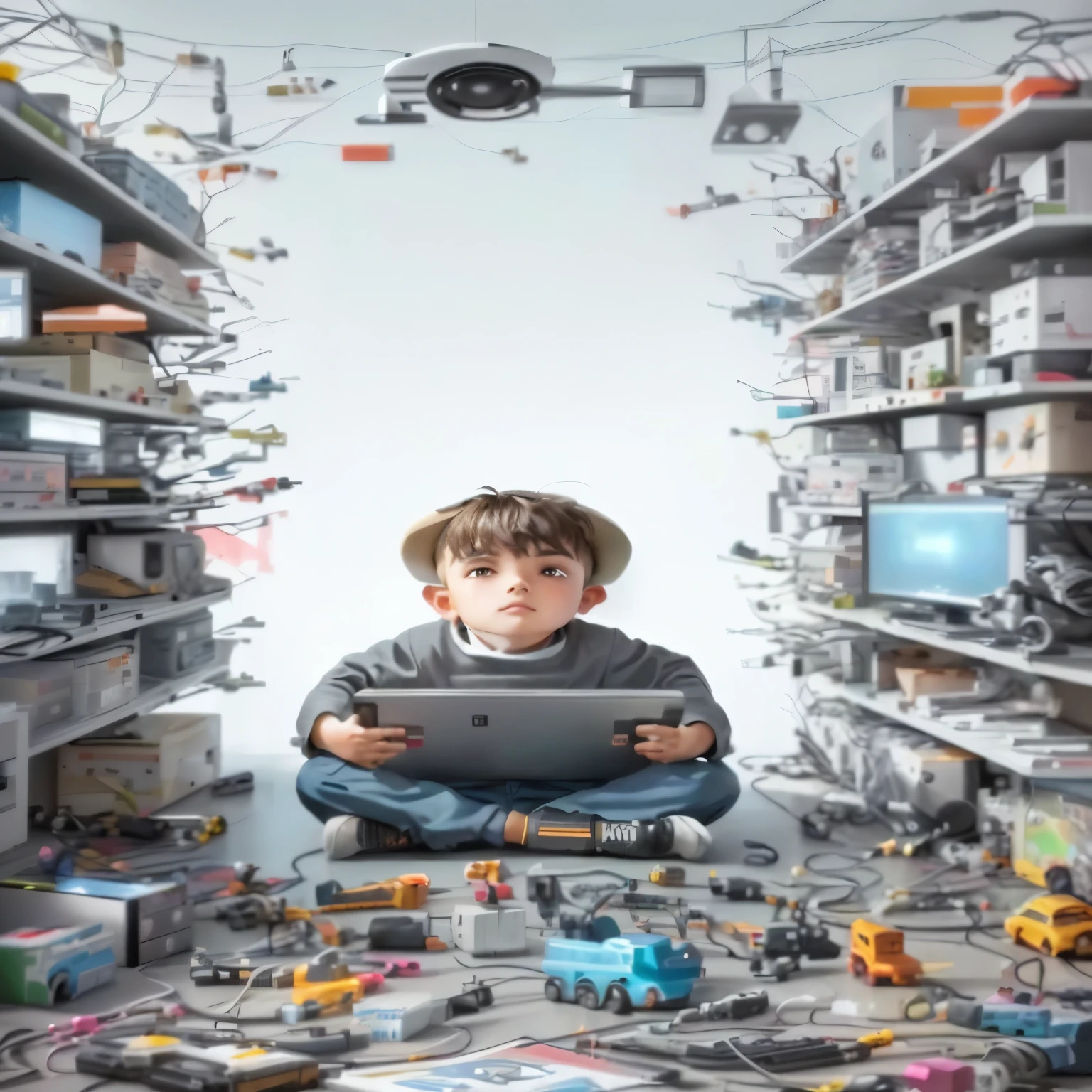 blurry image of a boy sitting on the floor in a room full of toys, futuro codificador, next generation, cult of technology, futuro codificador looking on, por Krzysztof Boguszewski, por Dan Christensen, propaganda de brinquedos infantis, videogame ainda, inspirado em Chris LaBrooy, no futuro, arte promocional