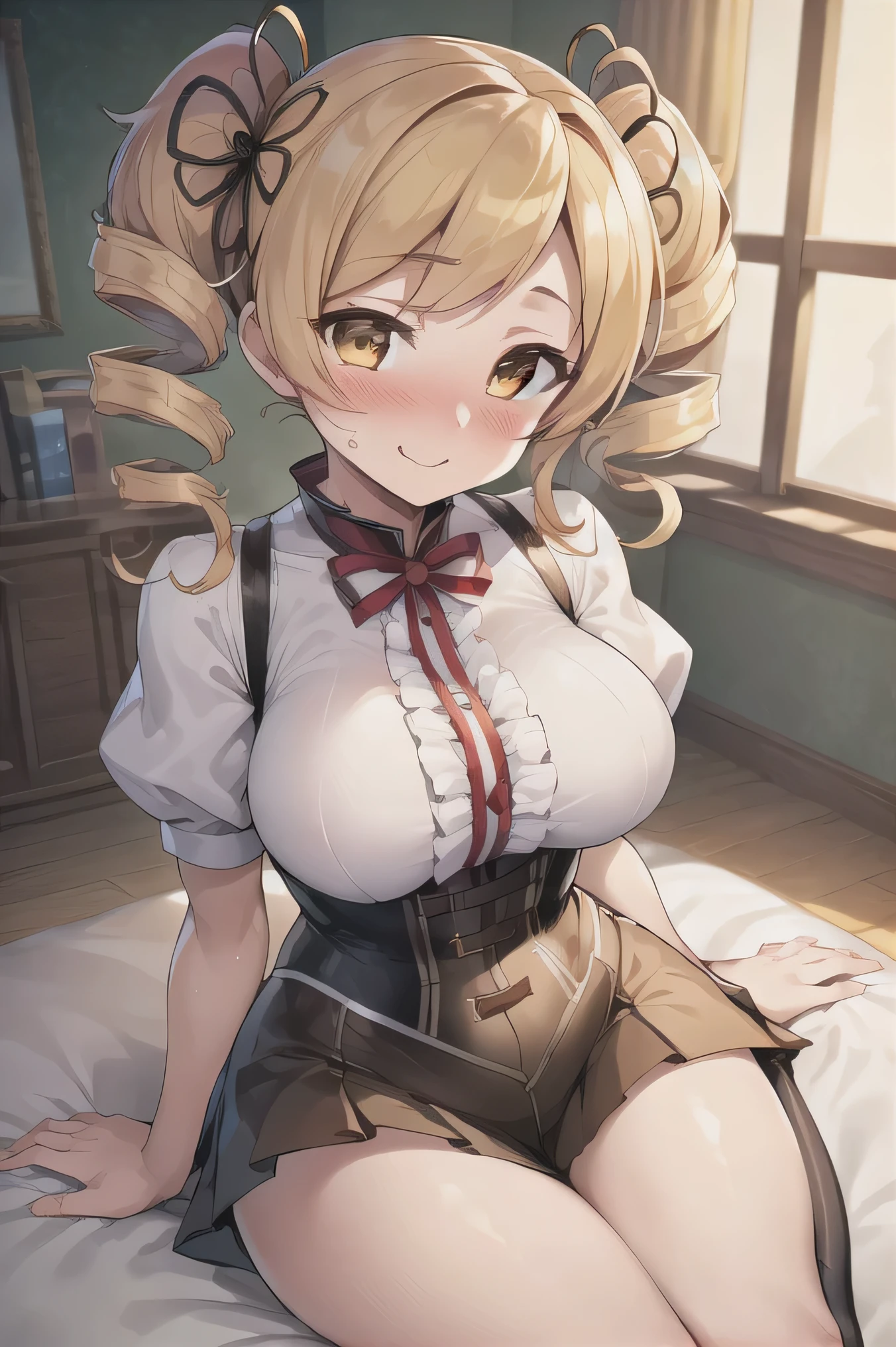 (masterpiece), (highest quality), (figure), (Very detailed), (High resolution), (8k), (Perfect Anatomy), (Anatomically correct), One Girl, Very large breasts, Big Breasts, Twin tails, Drill Hair, (Golden Hair), Very cute girl, Short, young, , delicate, Attention to girls, she, smile, charming smile, blush, Best moment, Junior and senior high school students, low length, Golden Eyes, Bright Eyes, Vivid eyes, cute, Thighs, Waistline, Being spoiled, Innocent, I love you, Beautiful Skin, Beautiful body, cute face, Delicate arms,　Innocent, Boyfriend's gaze, Neat, blush, whole body, Seductive, Detailed skin texture,　Intricate details,　Very detailedな顔, Beautiful Eyes, Big Eyes, heart, Desire to monopolize, Looking up, Mami Tomoe, Clothes with frills, Gothic Lolita, Inside the room,