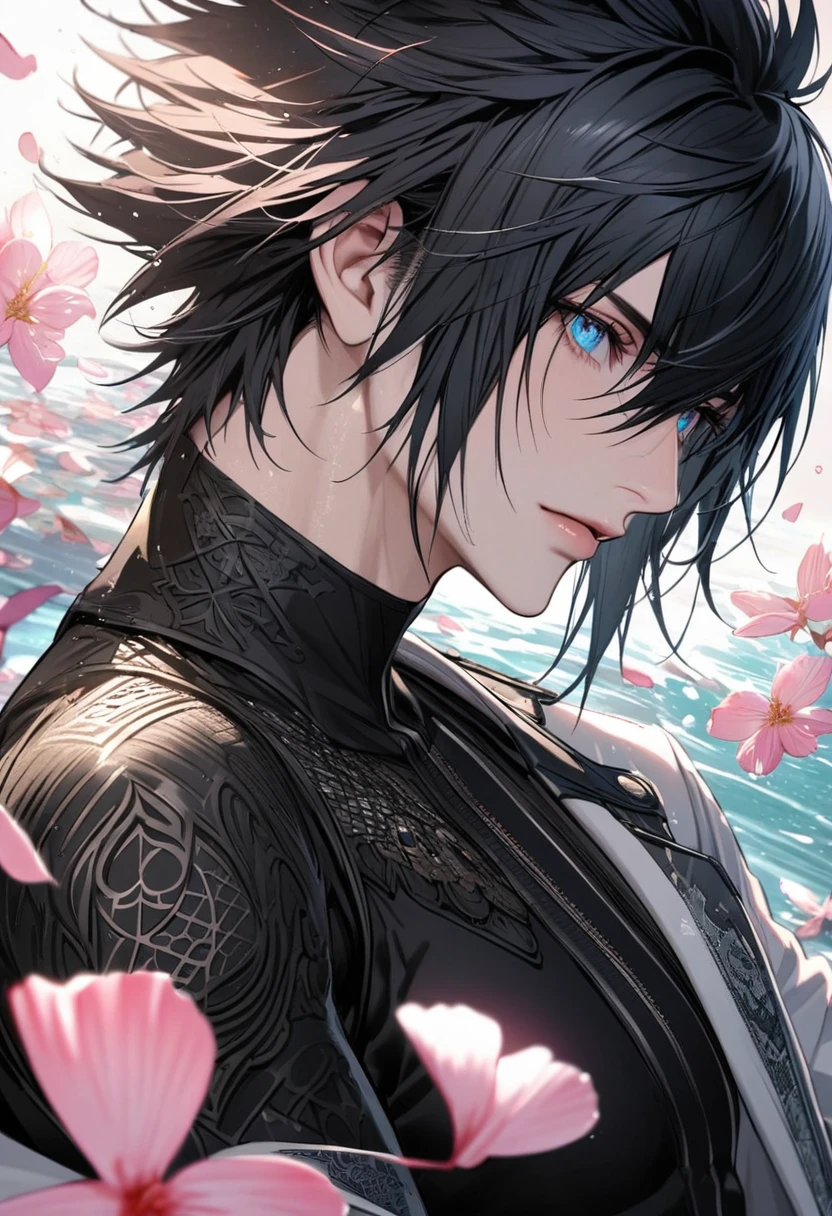 Ultra detailed, Highres, absurdres, Noctis Lucis Caelum, black hair, blue eyes, Final Fantasy XV, white long coat with patterns, pink flowers, petals, extremely handsome, sexy man, solo, very detailed eyes and face, black gloves, water, pink butterflies, black tight t-shirt,