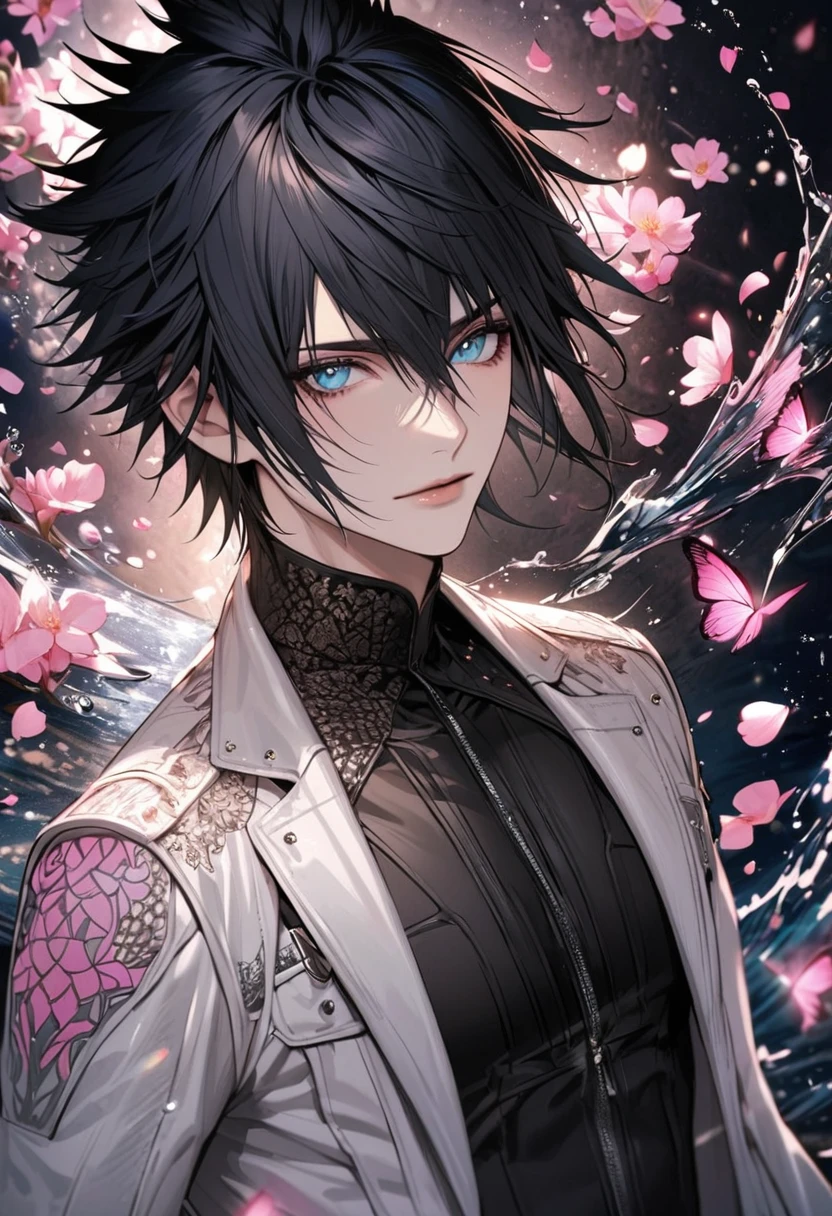 Ultra detailed, Highres, absurdres, Noctis Lucis Caelum, black hair, blue eyes, Final Fantasy XV, white long coat with patterns, pink flowers, petals, extremely handsome, sexy man, solo, very detailed eyes and face, black gloves, water, pink butterflies, black tight t-shirt,