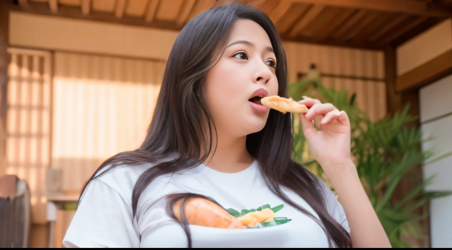 8k, RAW photo, best quality, masterpiece, realistic, photo-realistic, clear, professional lighting, beautiful face, best quality,ultra high res, (((front))), Fat Japanese woman surprised at food, Wearing a T-shirt、Surprised expression